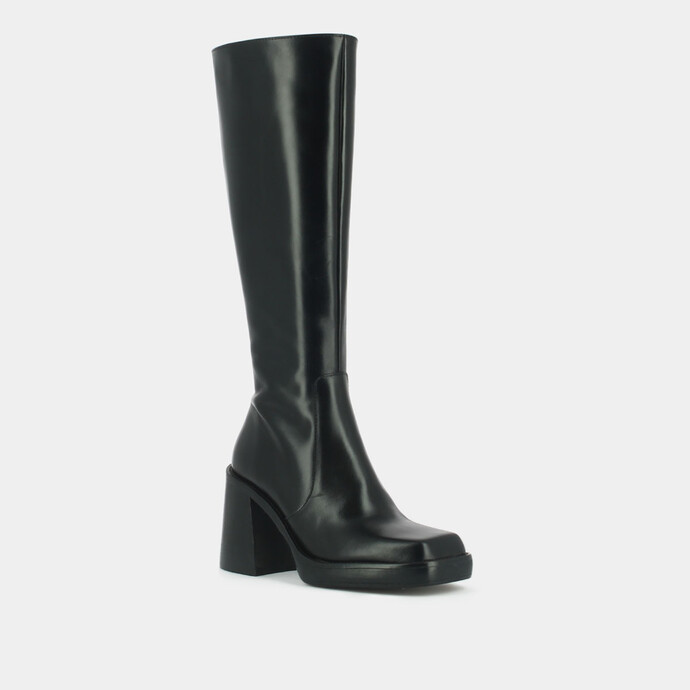 Bottes hautes à talons épais et bouts carrés  en cuir noir