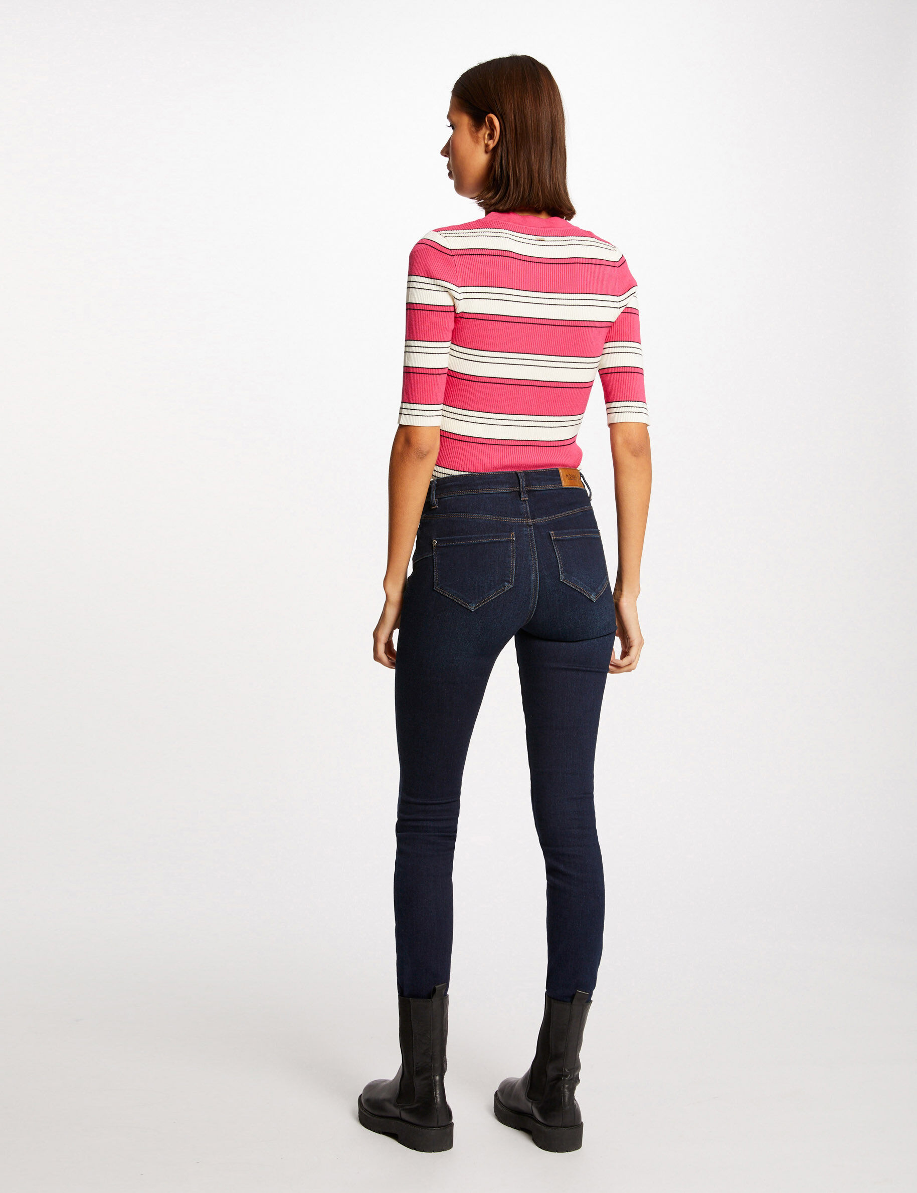 Pull manches courtes à rayures fuchsia femme - fuchsia