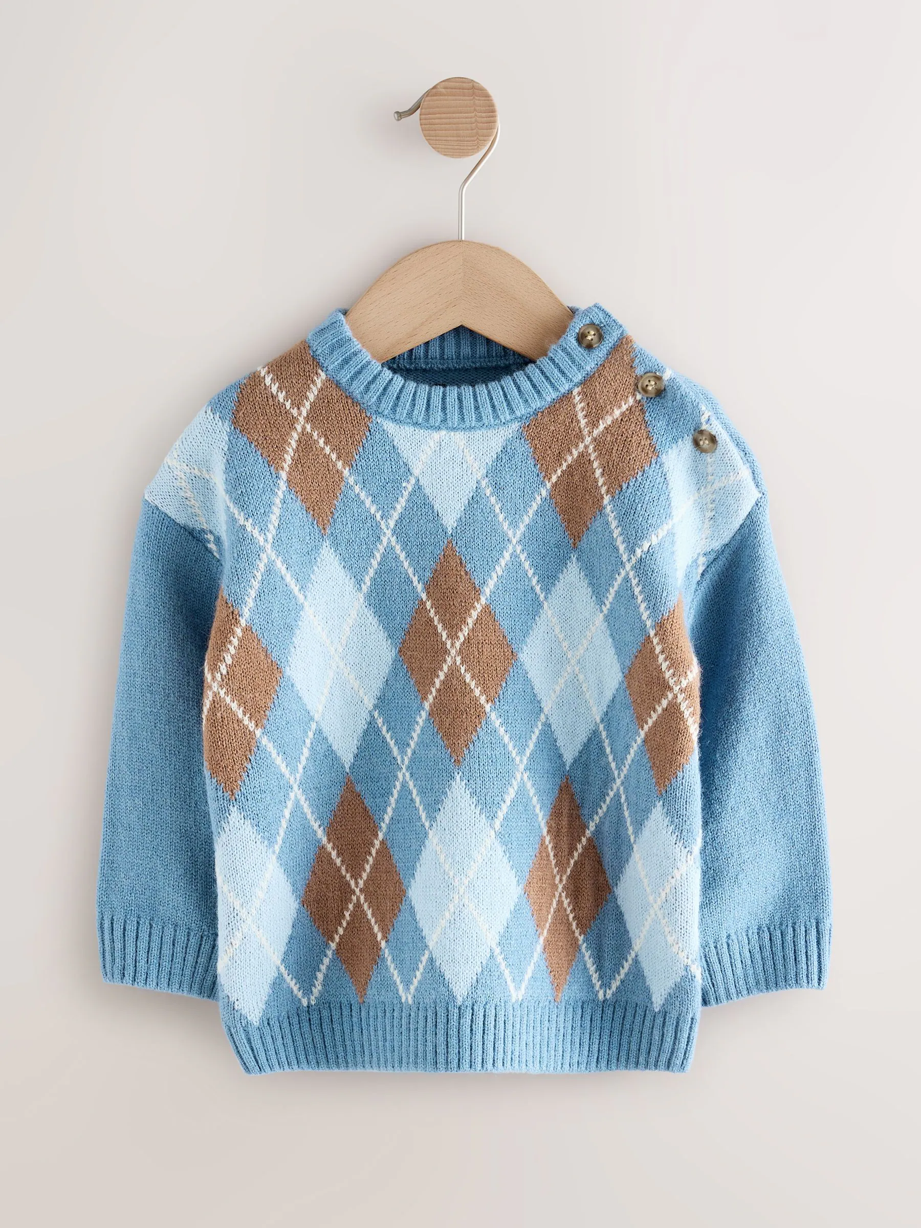 Blauw met argyle-patroon - Gebreide katoenen trui met ronde hals (3mnd -7jr)