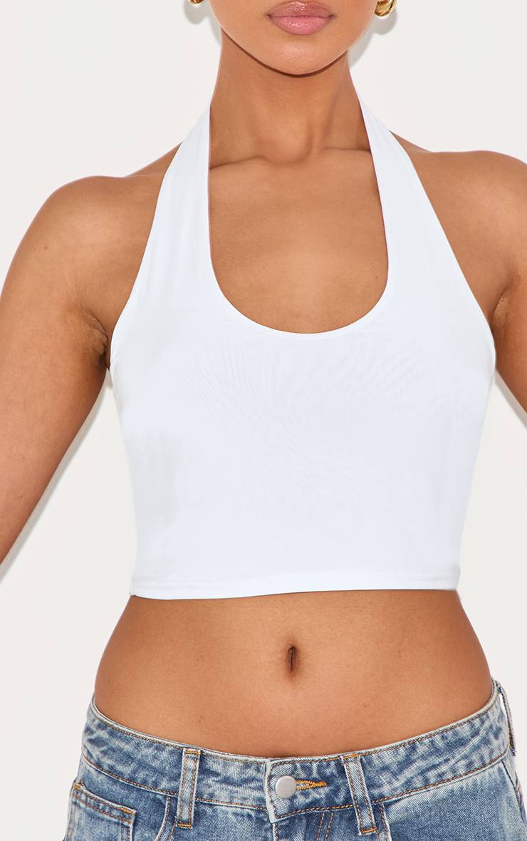 Blanc Top Basique Dos Nu Col Rond En Tissu Slinky