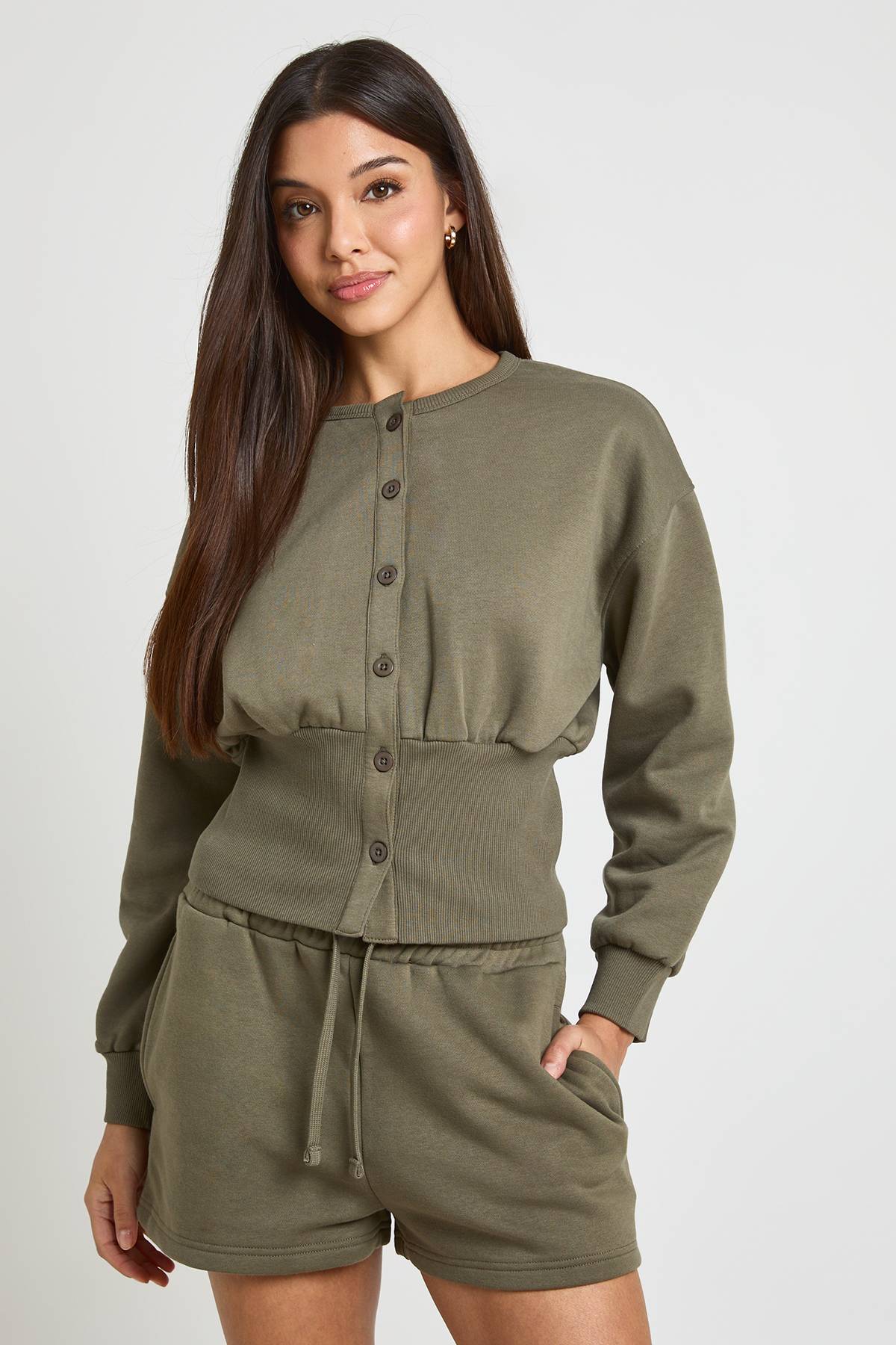 boohoo Ensemble Survêtement Court Sweat Boutonné Taille Cintrée