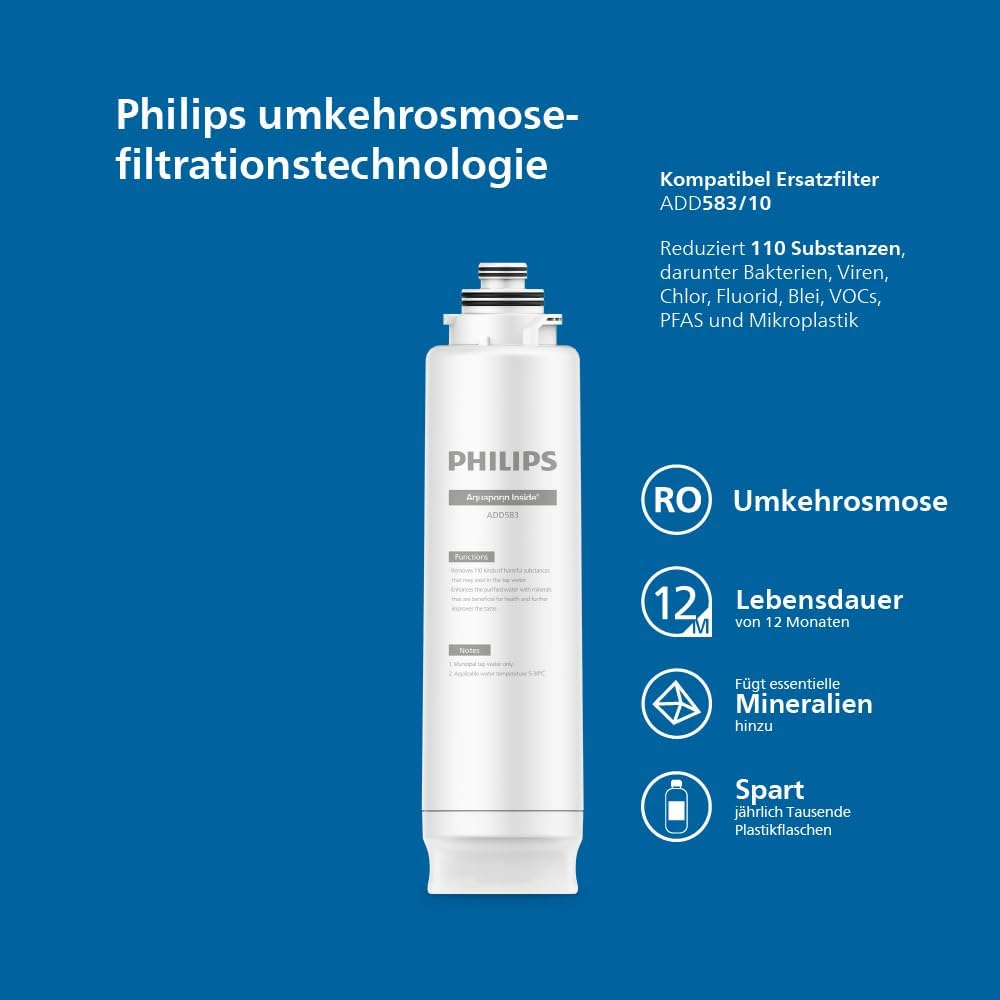 Philips Water Umkehrosmose-Wasserstation ADD6920BK01/10, Aquaporin Inside®: Eliminiert bis zu 110 Substanzen, sofortige Erhitzung, 1 Jahr Filterlebensdauer