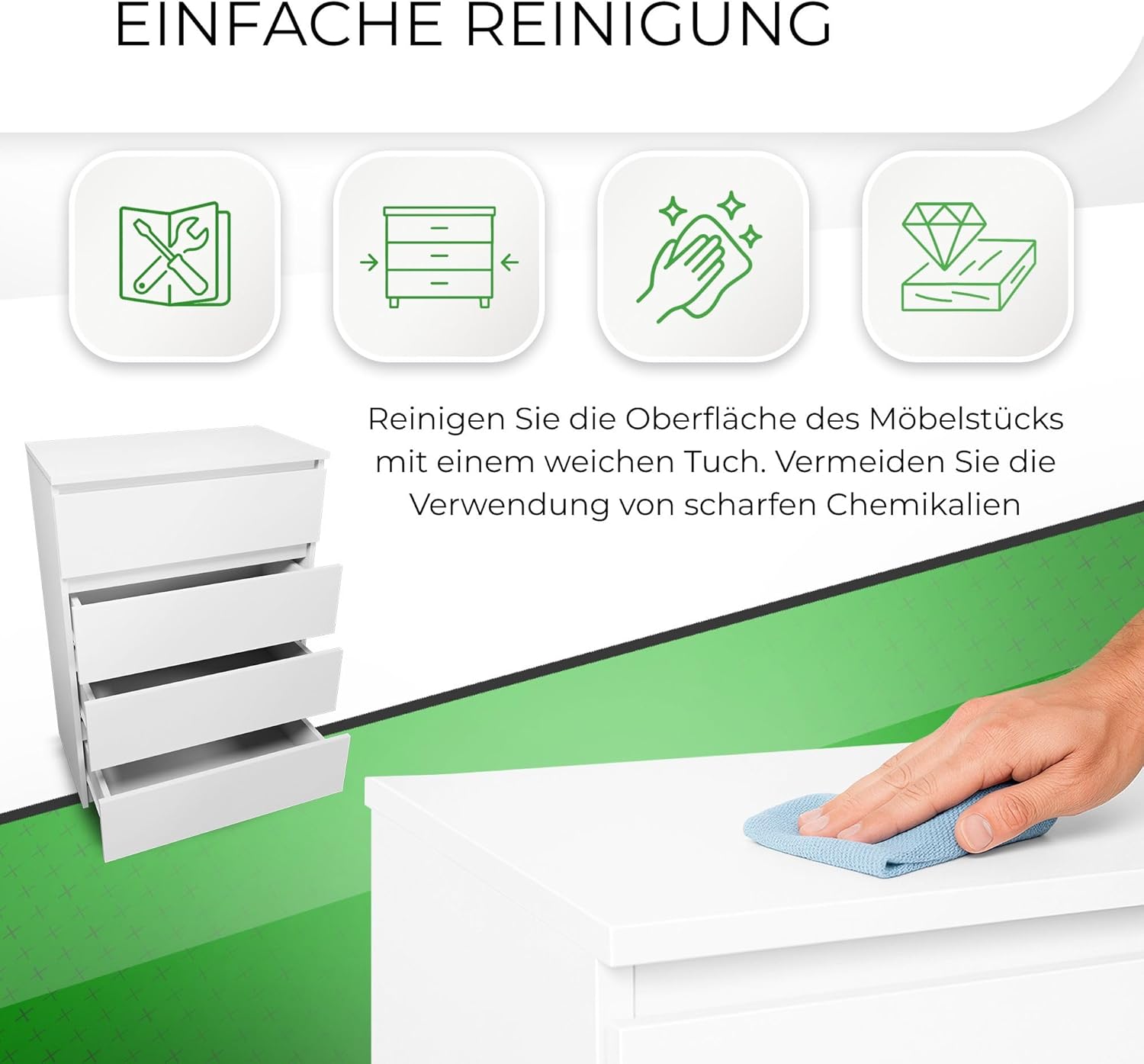 CDF Kommode Weiß mit 4 Schubladen 97 cm Hoch Sideboard Schmale Komode Schlafzimmerkommode für Flur Büro Schlafzimmer Wohnzimmer Schubladenschrank Regal mit Schubladen Schrank Modernes Möbelstück
