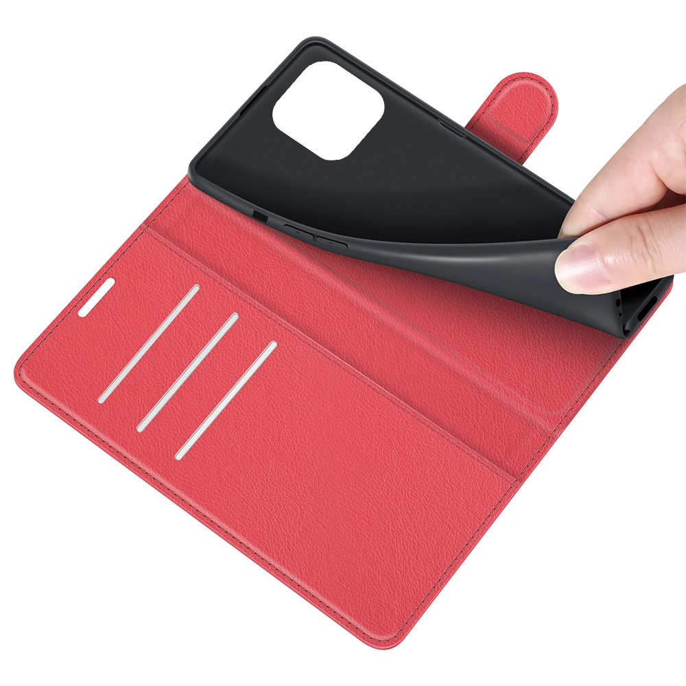 iPhone 13 Pro Leder Tasche Flip Cover Litchi Look - Rot
