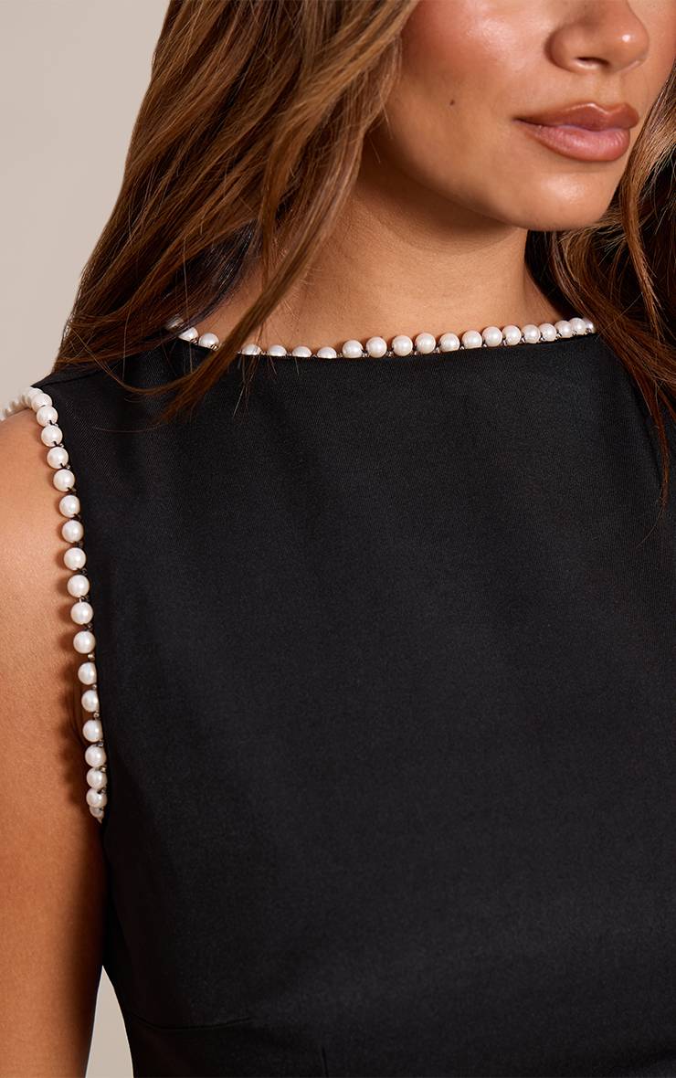 Noir Robe Mini Moulante Col Bateau Avec Détails De Perles