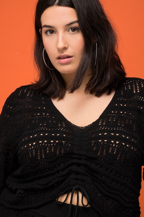 Ajour-Pullover, Loose Fit, Raffband, Wellensaum, Langarm