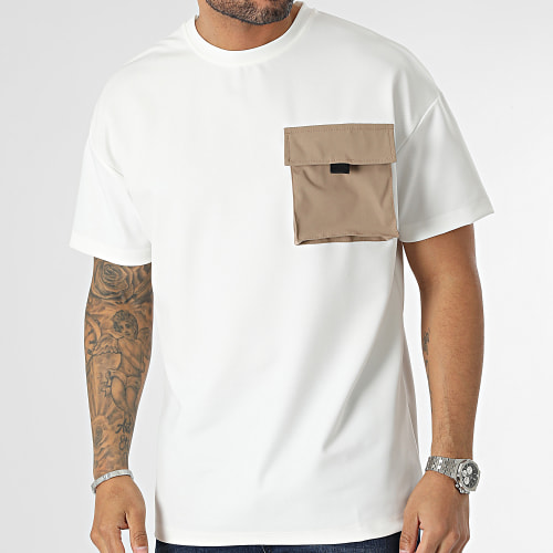 Tee Shirt Oversize Large A Poche Blanc Marron