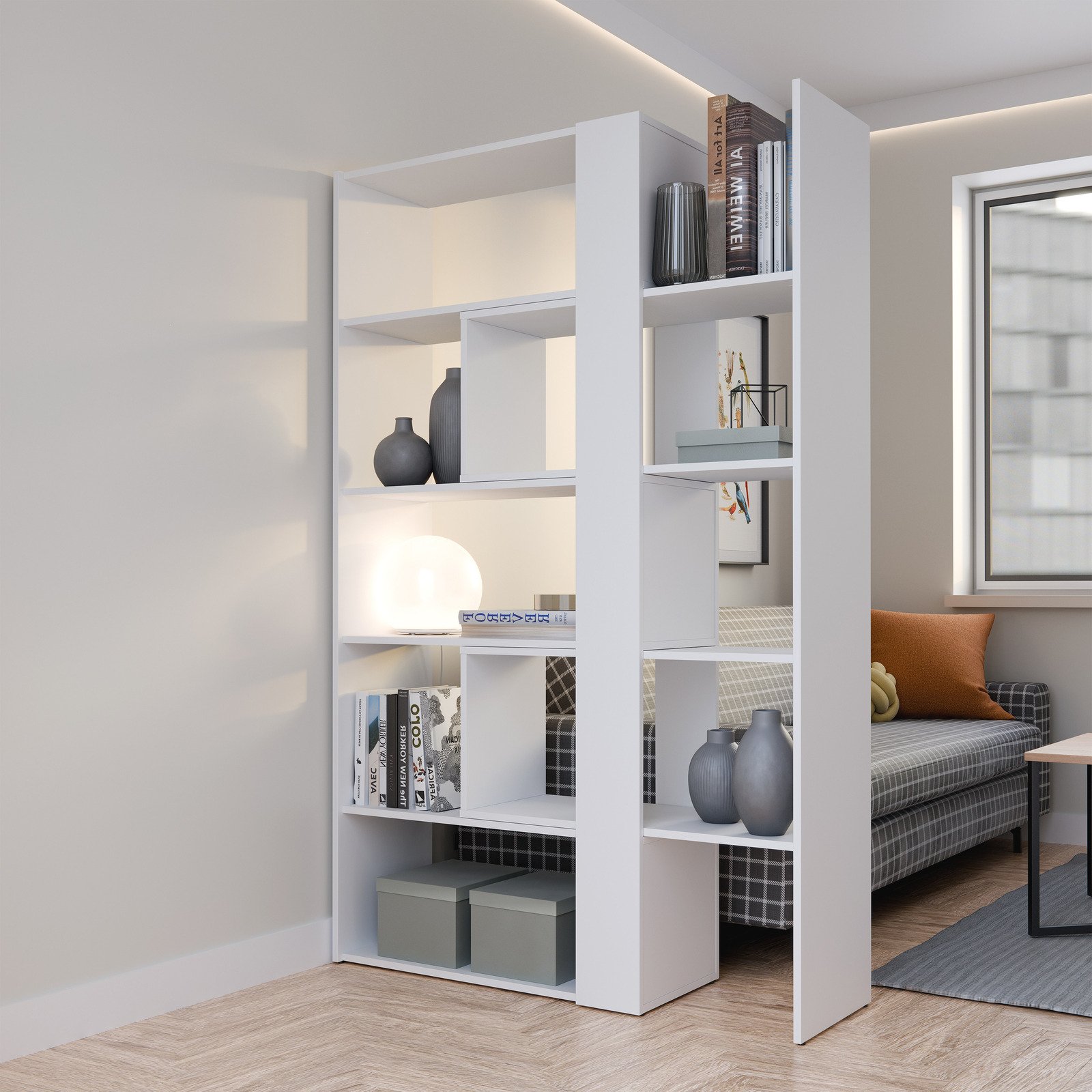 Regal Slide Dekor weiss, Breite verstellbar, 82-144 x 180 x 35 cm
