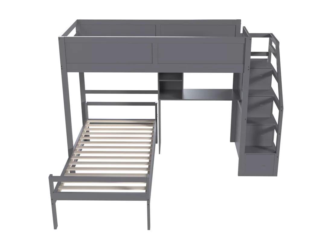 Lits superposés 2 x 90 x 200 cm avec bureau, 4 tiroirs et étagères - bois de pin + MDF - gris (sans matelas)