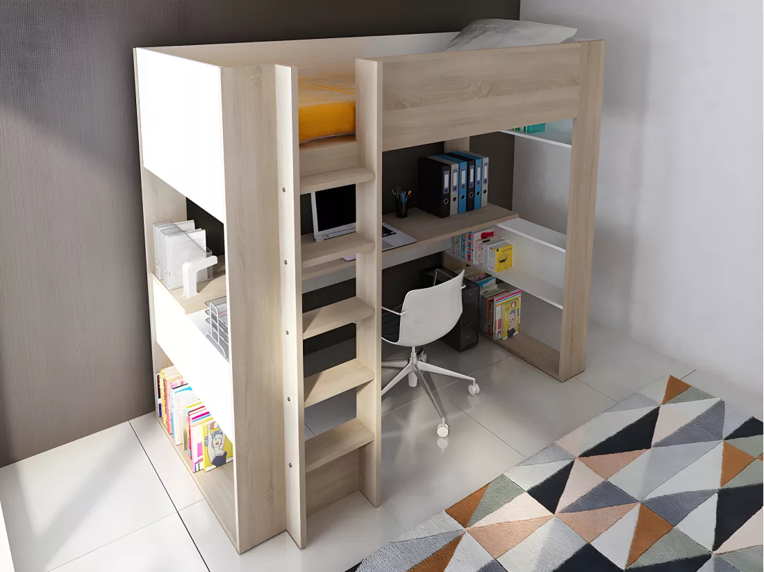 Lit mezzanine avec bureau et rangements intégrés - 90 x 200 cm - Chêne et blanc + matelas - NOAH II