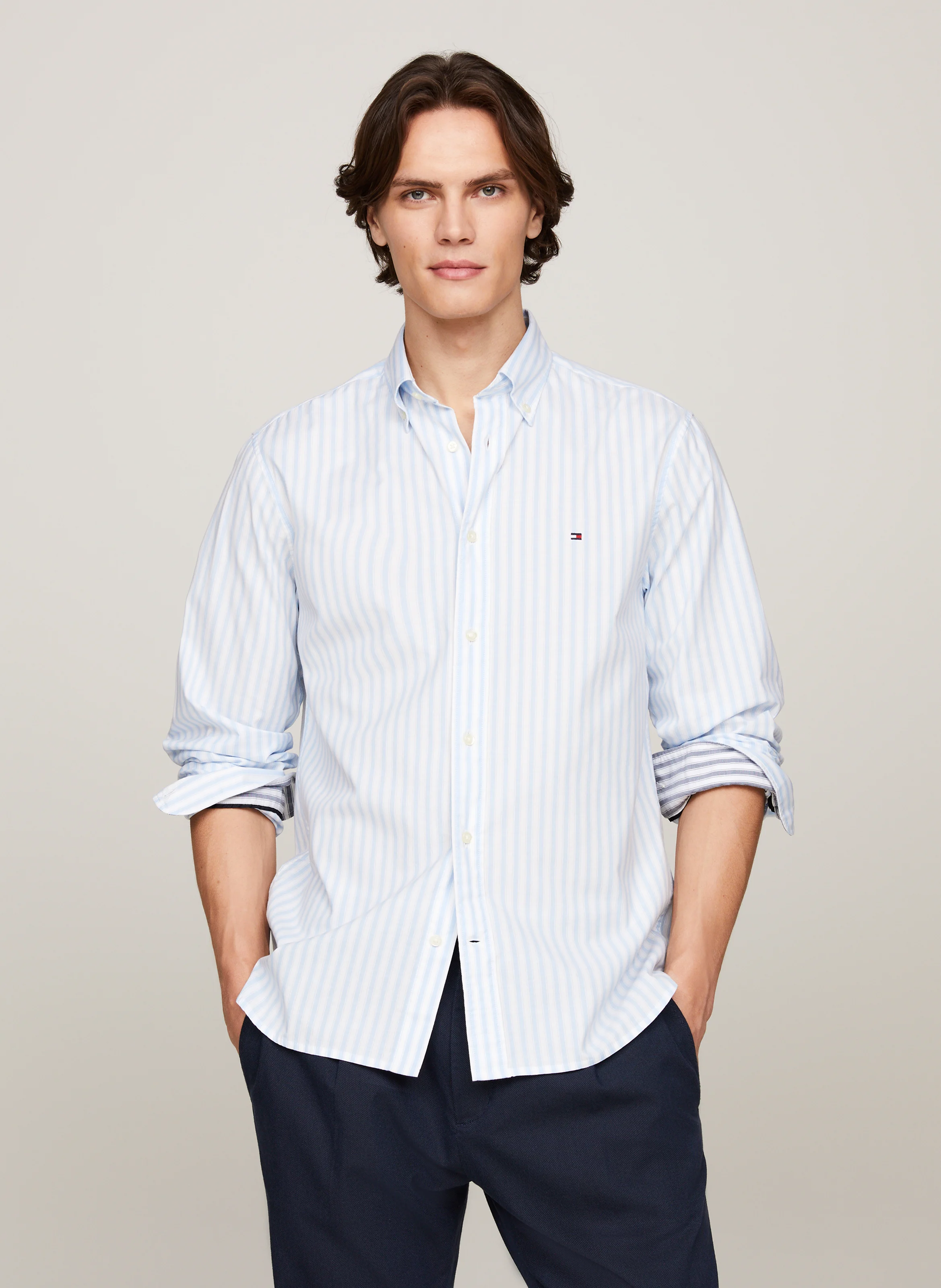 Chemise col américain en coton bio mélangé | Bleu