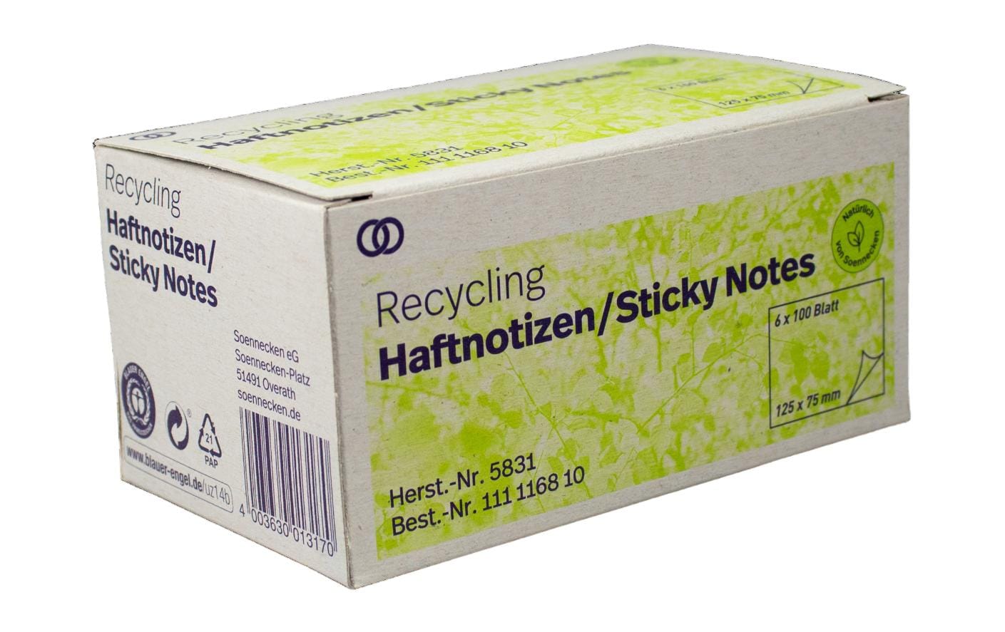 Notizzettel oeco Recycling, 12.5 x 7.5 cm, 6 Stück, GelbSelbstklebende Haftnotizen