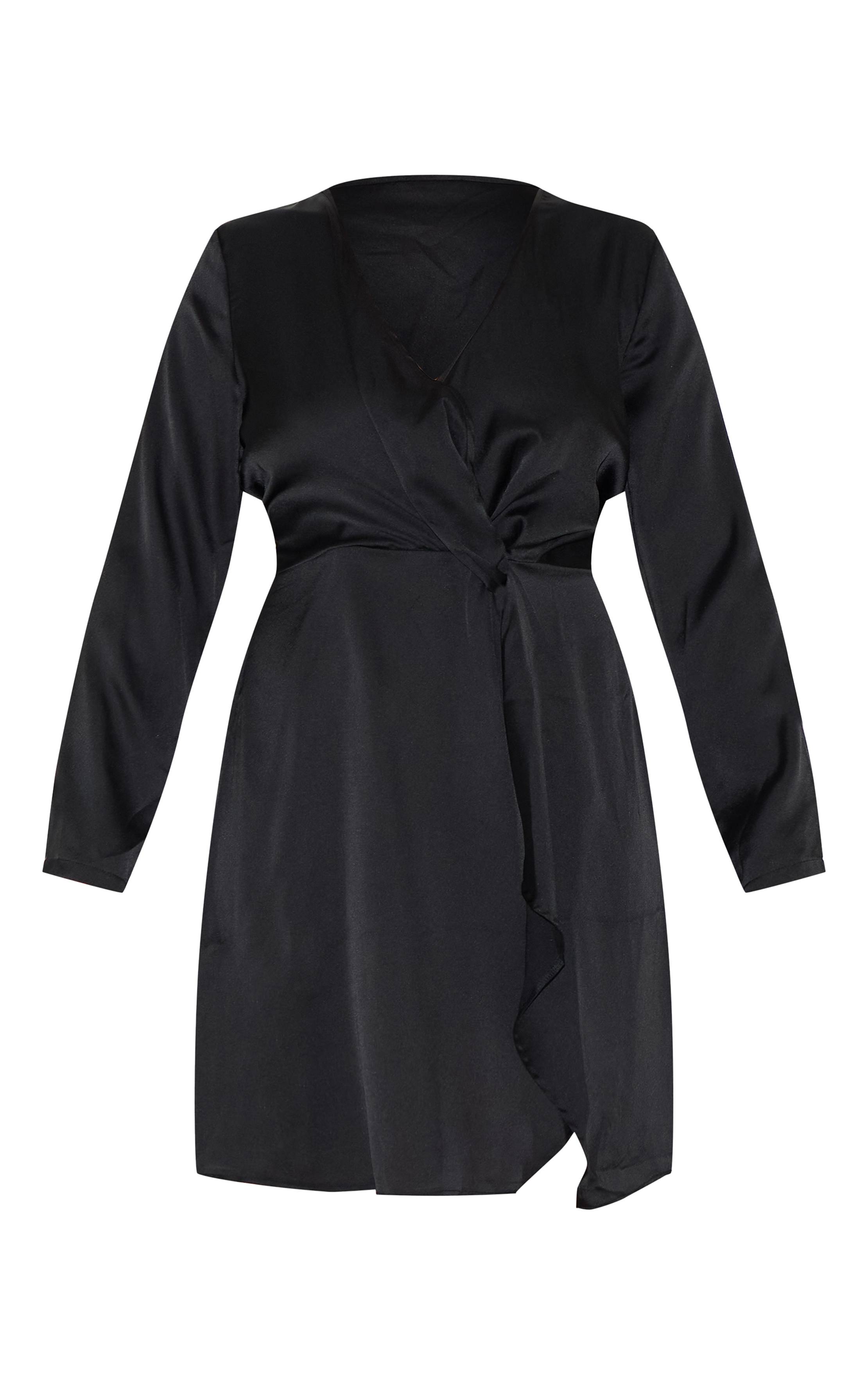 Noir Robe Portefeuille Satinée À Manches Longues Grande Taille