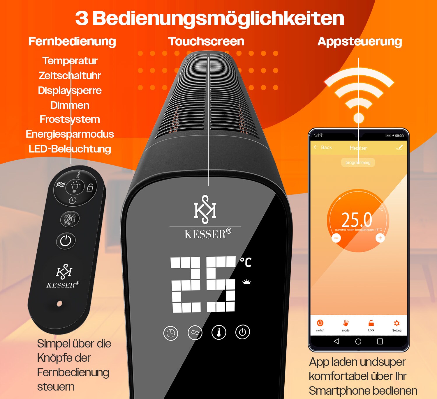 KESSER® Konvektor Premium 1200W ECO 2400W Power Mode Heizstufen Thermostat Elektroheizung WiFi App & Fernbedienung Touch-Display Timer mobiles Heizgerät Energiesparend Überhitzungsschutz