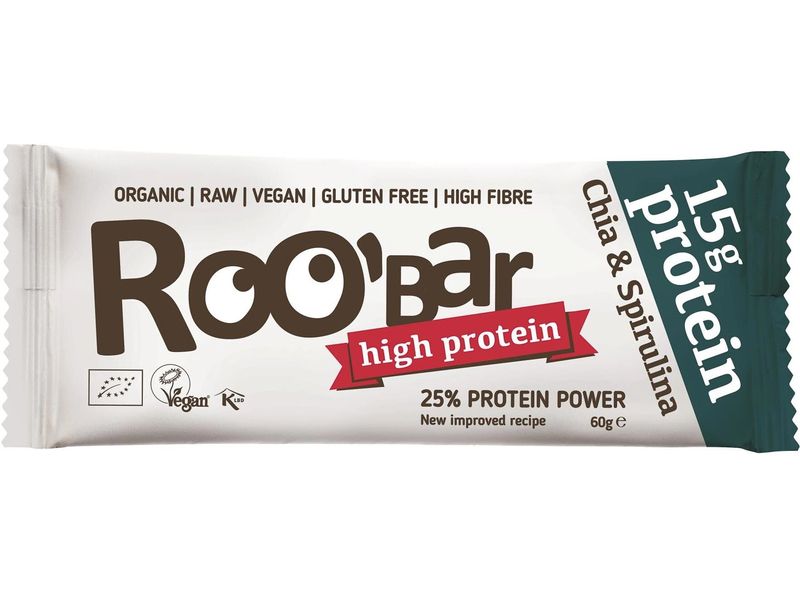 Roobar Rohkost Protein Riegel Chia & Spirulina 10 x 60 g Bio-Riegel auf Basis von Datteln und Cashewkernen