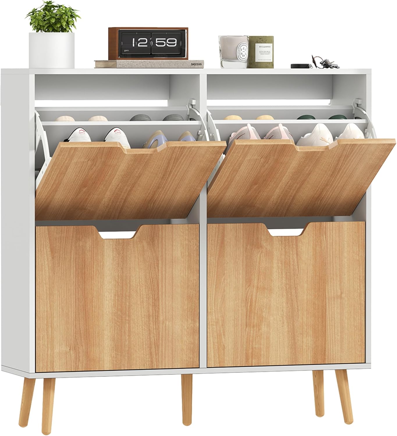 HOMCOM Meuble à Chaussures 4 abattants, Armoire à Chaussures 16 Paires, avec étagère réglable, Pieds en Bois, Rangement Chaussure, Grande capacité pour Couloir, entrée, 95 x 26 x 95 cm, Blanc EV3077500