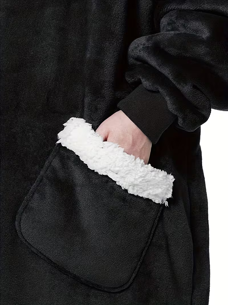 (150cm) Oversized Pullover Kuschel Decken Sweater Langer Hoodie mit 2 Seitentaschen (One Size) - Schwarz
