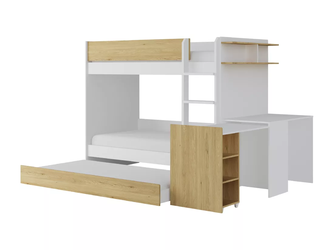 Lit superposé avec tiroir lit gigogne et 2 bureaux 3 x 90 x 190 cm - Coloris : Blanc et naturel + Matelas - DOMATI