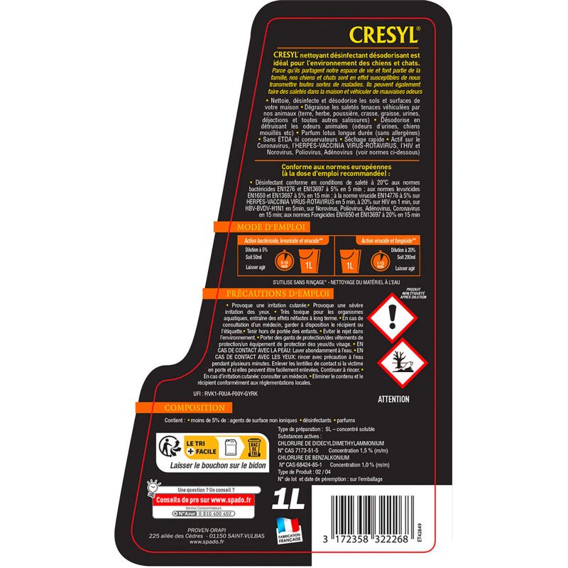 Nettoyant désinfectant désodorisant spécial chiens chats parfum fleur lotus