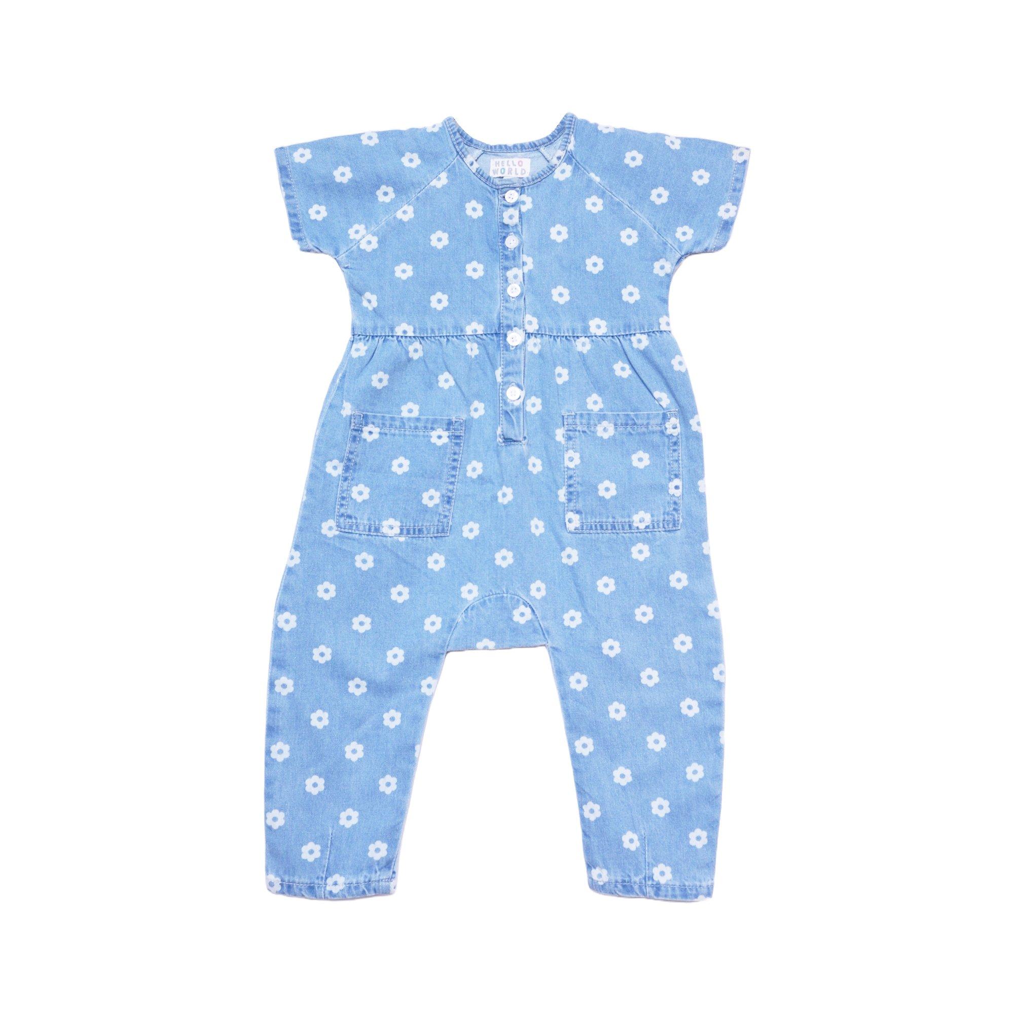 Hello World Studio Baby Girl Floral Denim Romper Blue