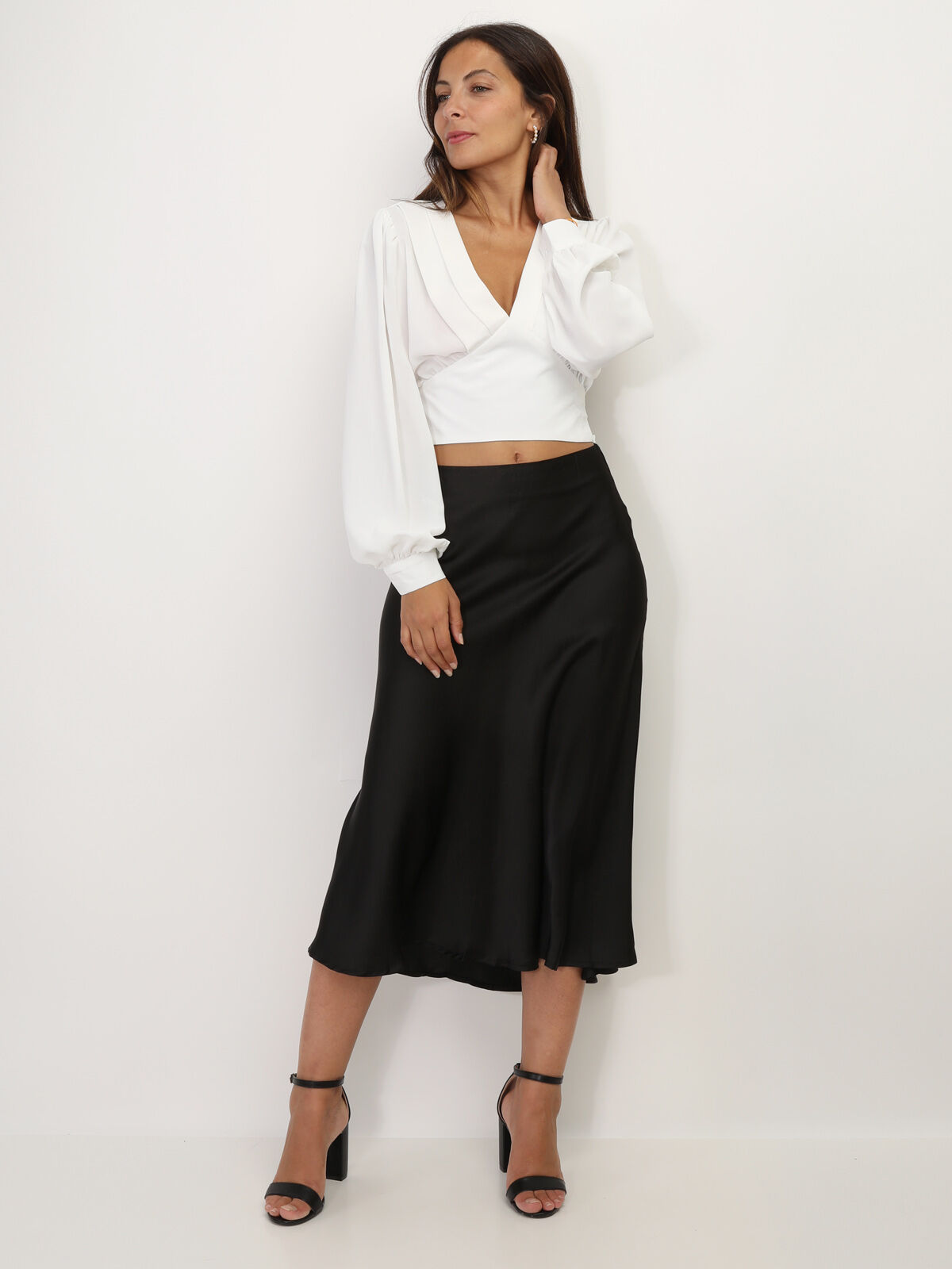 Blouse courte à manches ballons- Blanc