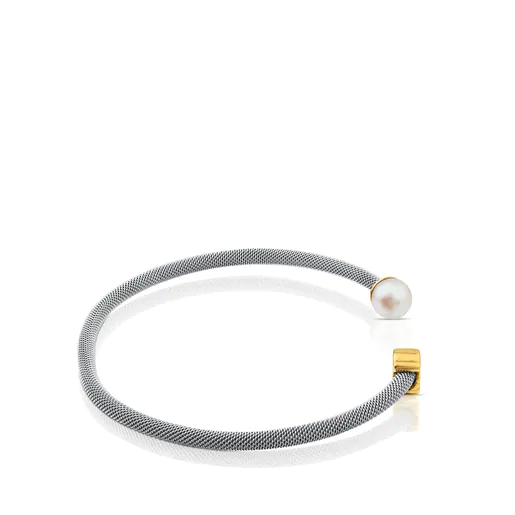 Pulseira em aço e ouro com pérola cultivada e motivo de urso. Icon Mesh.
