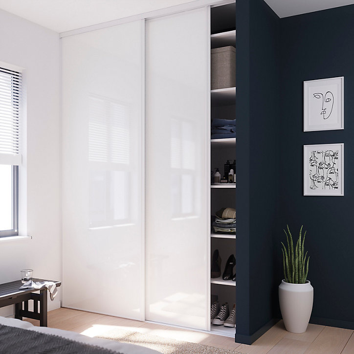 Porte de placard coulissante blanc brillant profil blanc GoodHome Arius H. 248,5 x L. 92.2 cm + amortisseurs