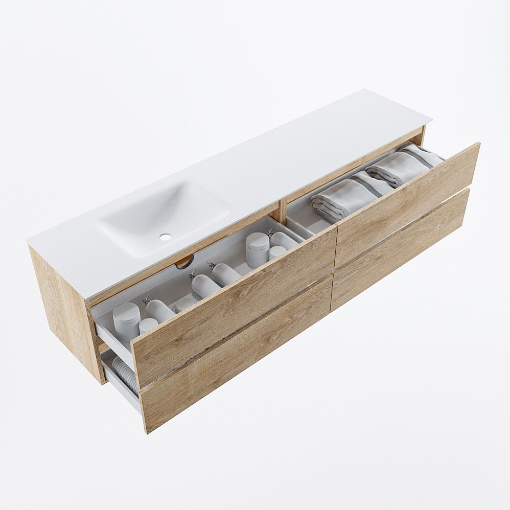 Mondiaz Vica XL badmeubel washed oak 4 lades 200cm met wastafel Cloud links zonder kraangat