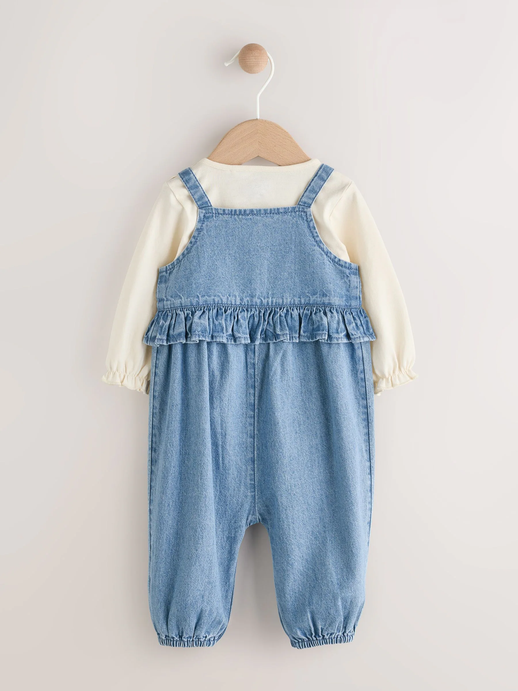 Blue Embroidered Denim - Babyset van bodysuit met lange mouwen & bretelbroek (0mnd -2jr)