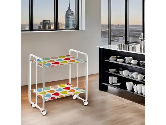 Chariot pliant à roulettes, desserte - Structure métallique blanche, 2 niveaux en stratifié motif Coeurs multicolores - 72*66*43 cm - BAUHAUS