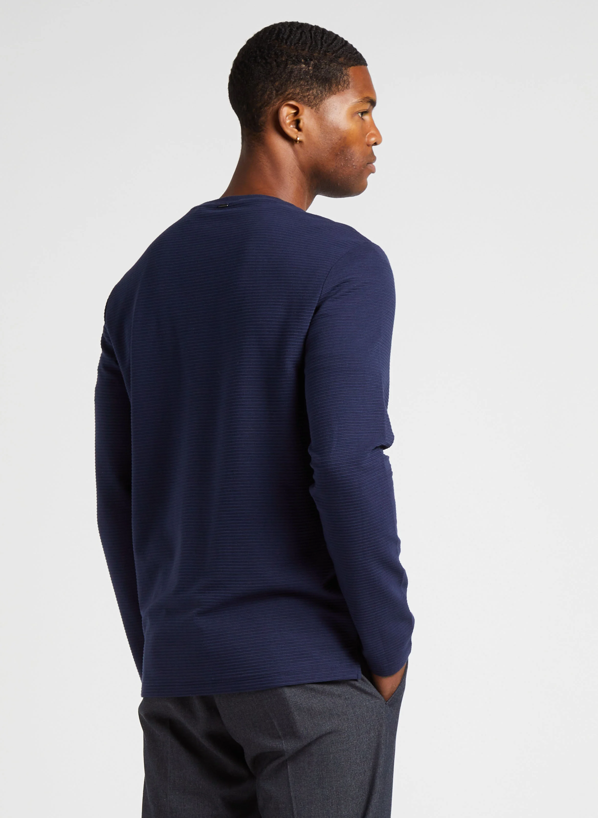 Tee-shirt col rond rayé en coton mélangé| Bleu