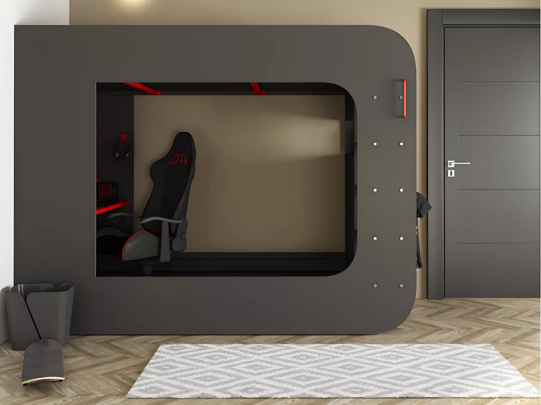 Lit mezzanine gamer 90 x 200 cm - Avec bureau et rangements - Avec LEDs - Anthracite et rouge + matelas - WARRIOR