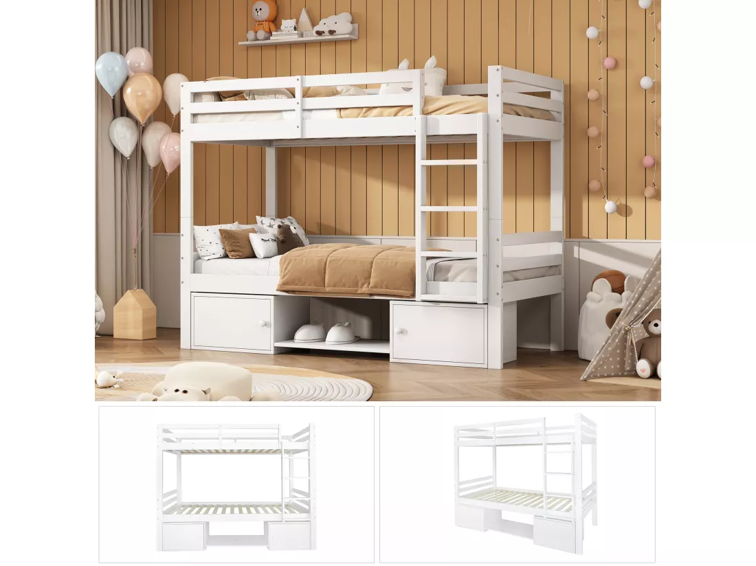 Lit superposé pour enfant - 2x90x200 cm - 2 casiers et étagères à chaussures - blanc