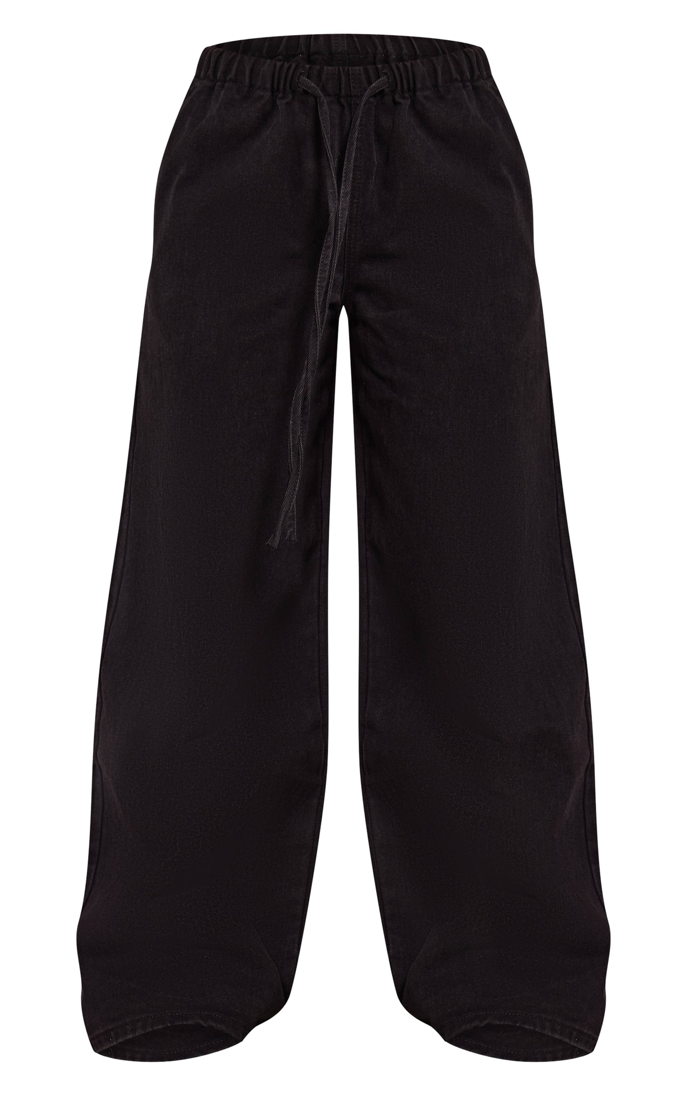 Noir Jean Large Taille Haute Élastiquée Avec Lien En Denim Petite