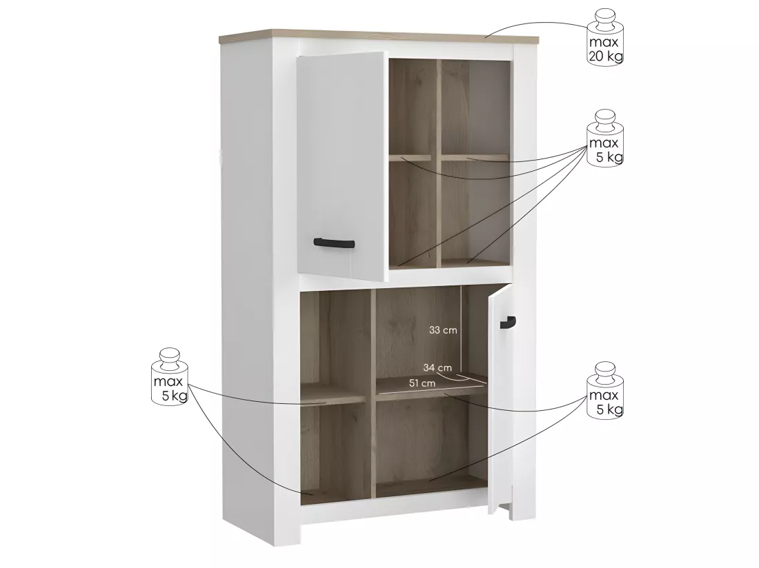 Vaisselier 2 portes 4 niches blanc mat décor bois poignées noir - LEANE