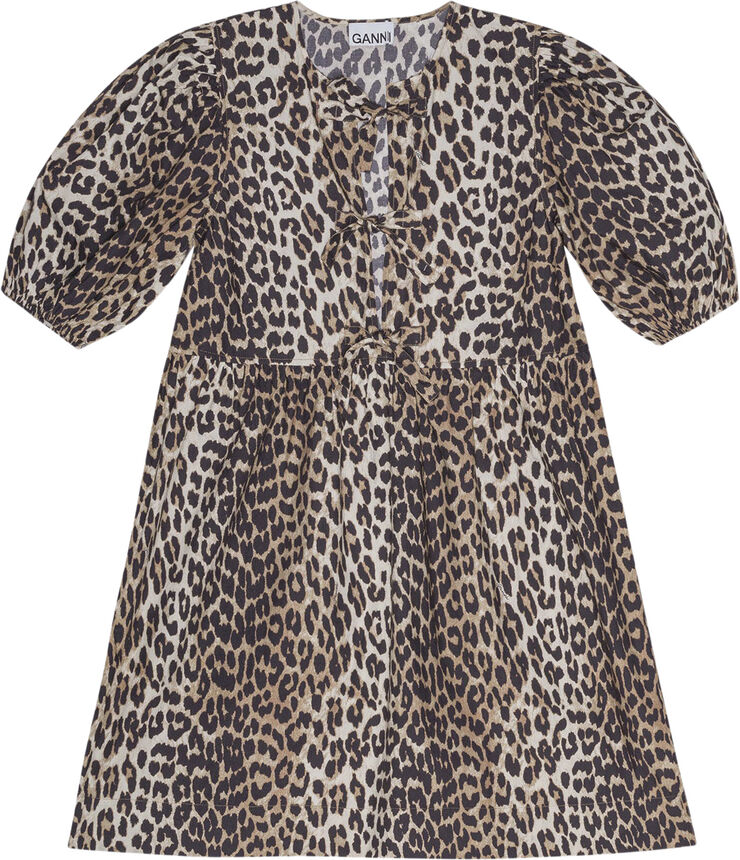 Ganni Printed Cotton Tie String Mini Dres Leopard
