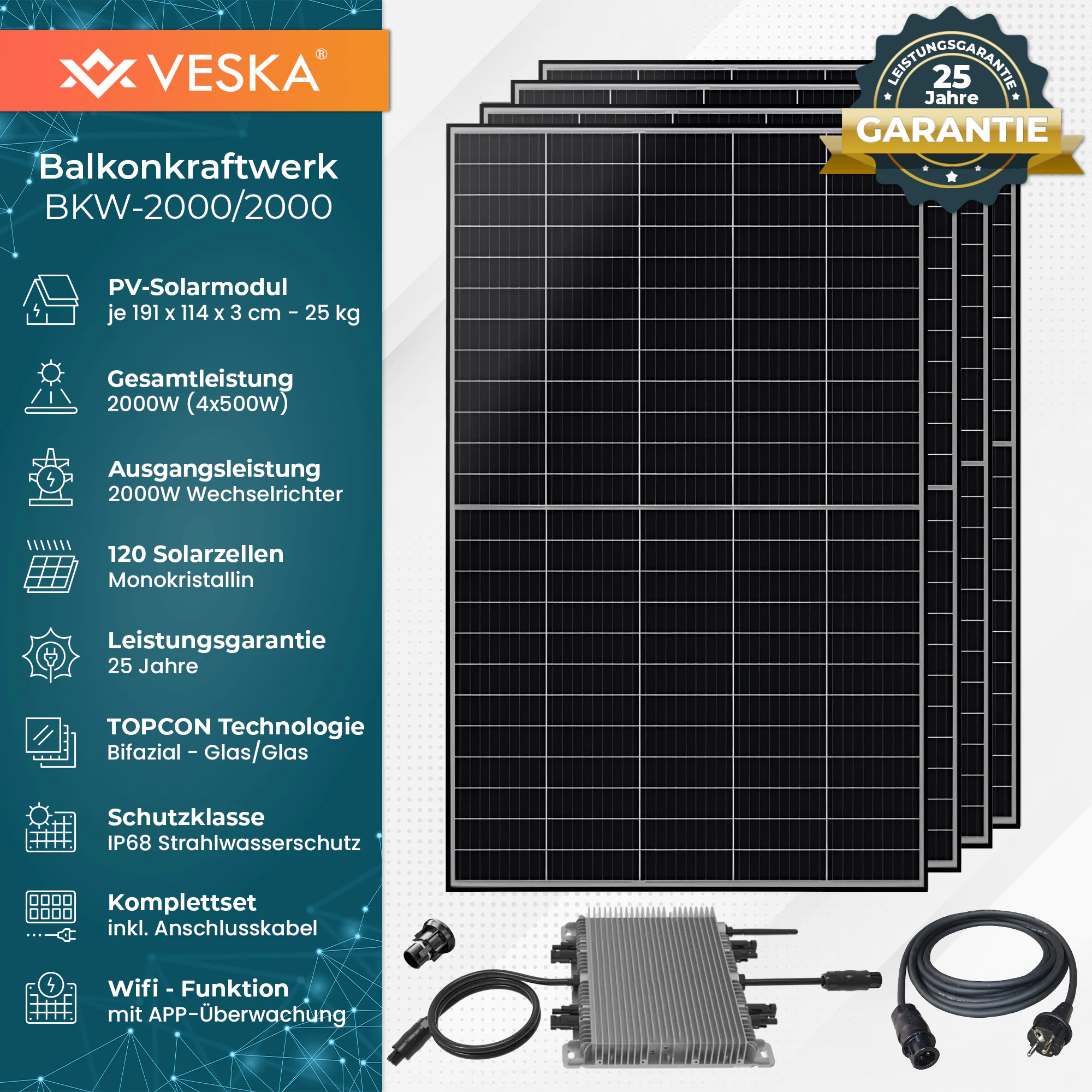 VESKA® Solaranlage 2000/2000W Bifazial und 1,6 kWh Batteriespeicher