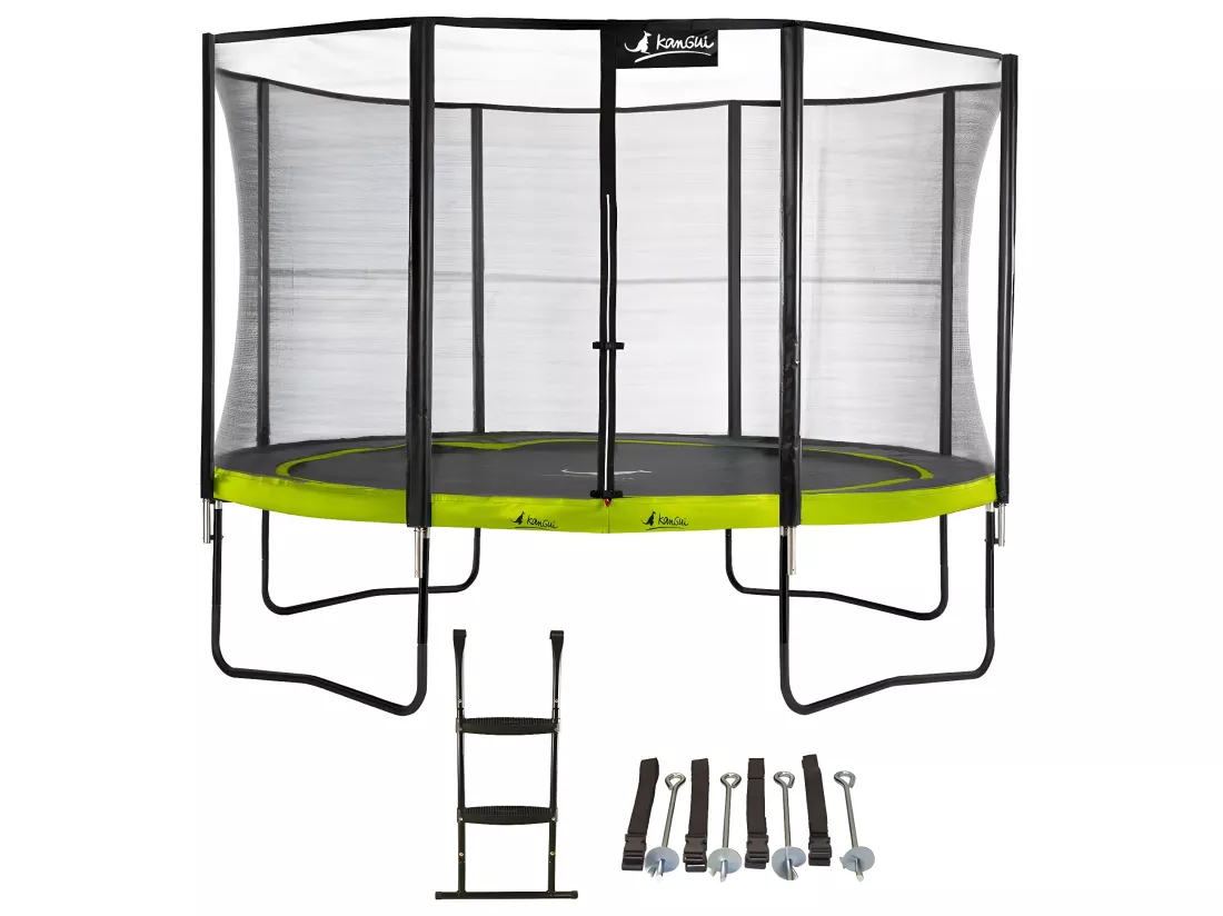 Kangui - Trampoline de jardin rond 430 cm + filet de sécurité + échelle + kit ancrage | PUNCHI Vert 430
