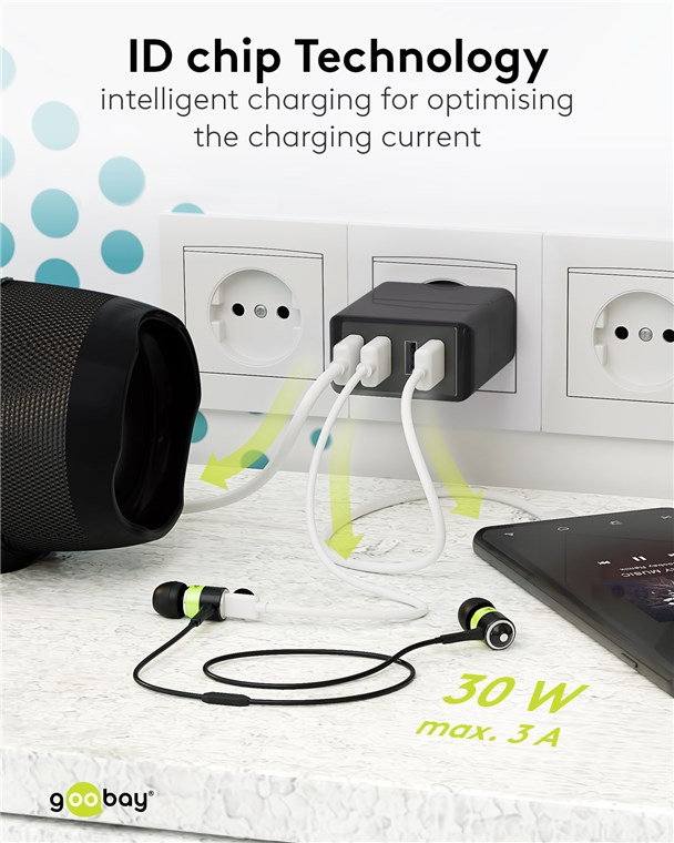 (30W/3A) 4-fach USB 2.0 Ladegerät (44953) - Schwarz
