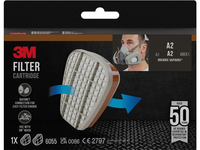 3M Ersatzfilter 6055 A2 für Serie 6000 & 7000, 1 Paar Austauschfilter A2 für Halb & Vollmaske Serie 6000 & 7000