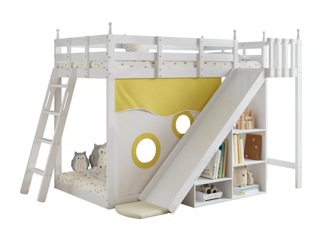 Lits superposés 2x90x200cm - avec escaliers et clôtures - toboggan avec rangement - Pin - Blanc