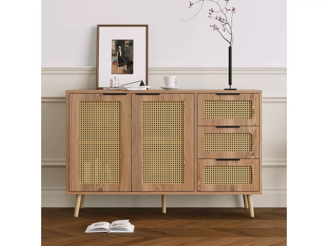 Buffet vintage effet bois en rotin à 2 portes et 3 tiroirs poignées noires CRITS NATURAL