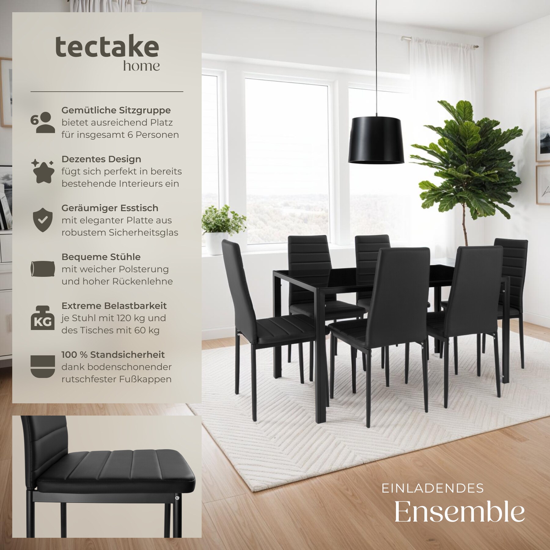 tectake® Esszimmergruppe, 7-teilig, gepolstert mit Kunstlederbezug, bodenschonende Kunststoffkappen