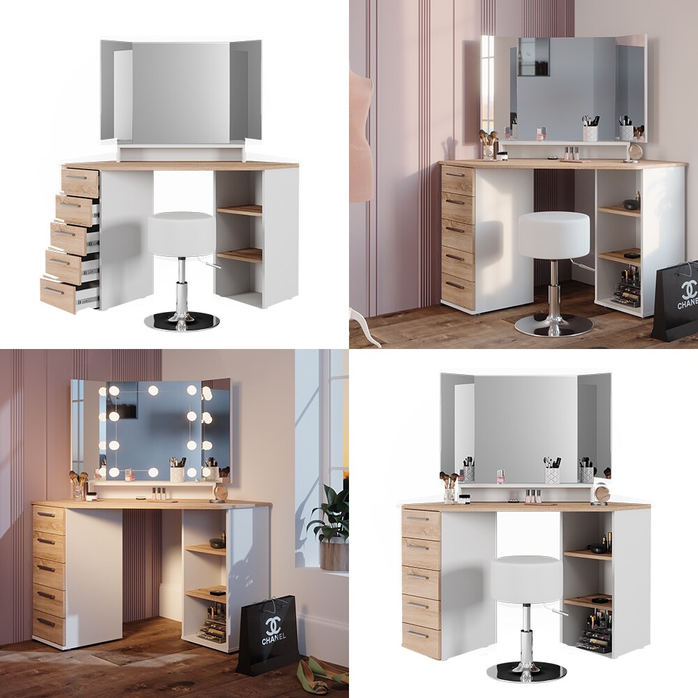 Vicco Eckschminktisch Frisiertisch Frisierkommode Sofia Weiß Sonoma Spiegel Hocker 128x142 cm modern Ablage