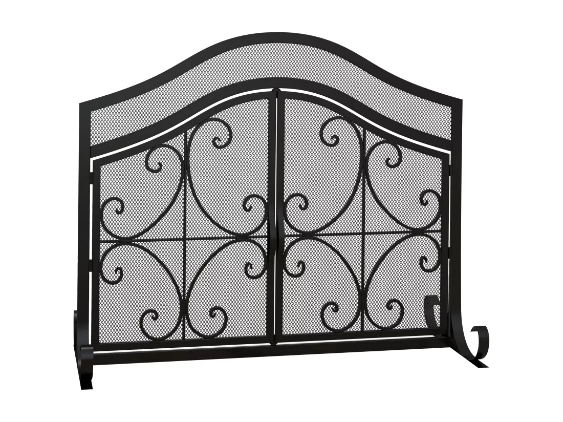 Pare-feu cheminée poêle style fer forgé - pare-étincelles 2 portes - dim. 105L x 40l x 80H cm - acier métal noir