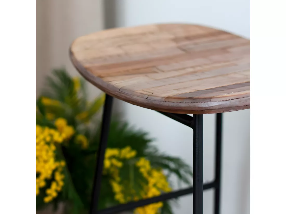 Kabayan - Tabouret de bar en teck recyclé et métal H65cm - Bois clair