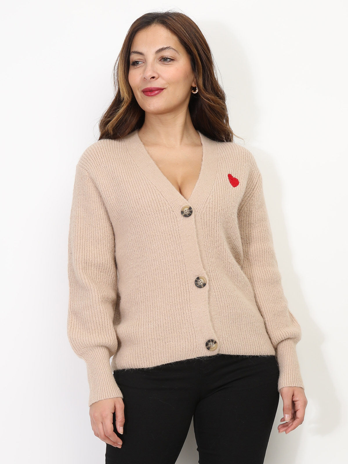 Cardigan avec petit cœur- Camel
