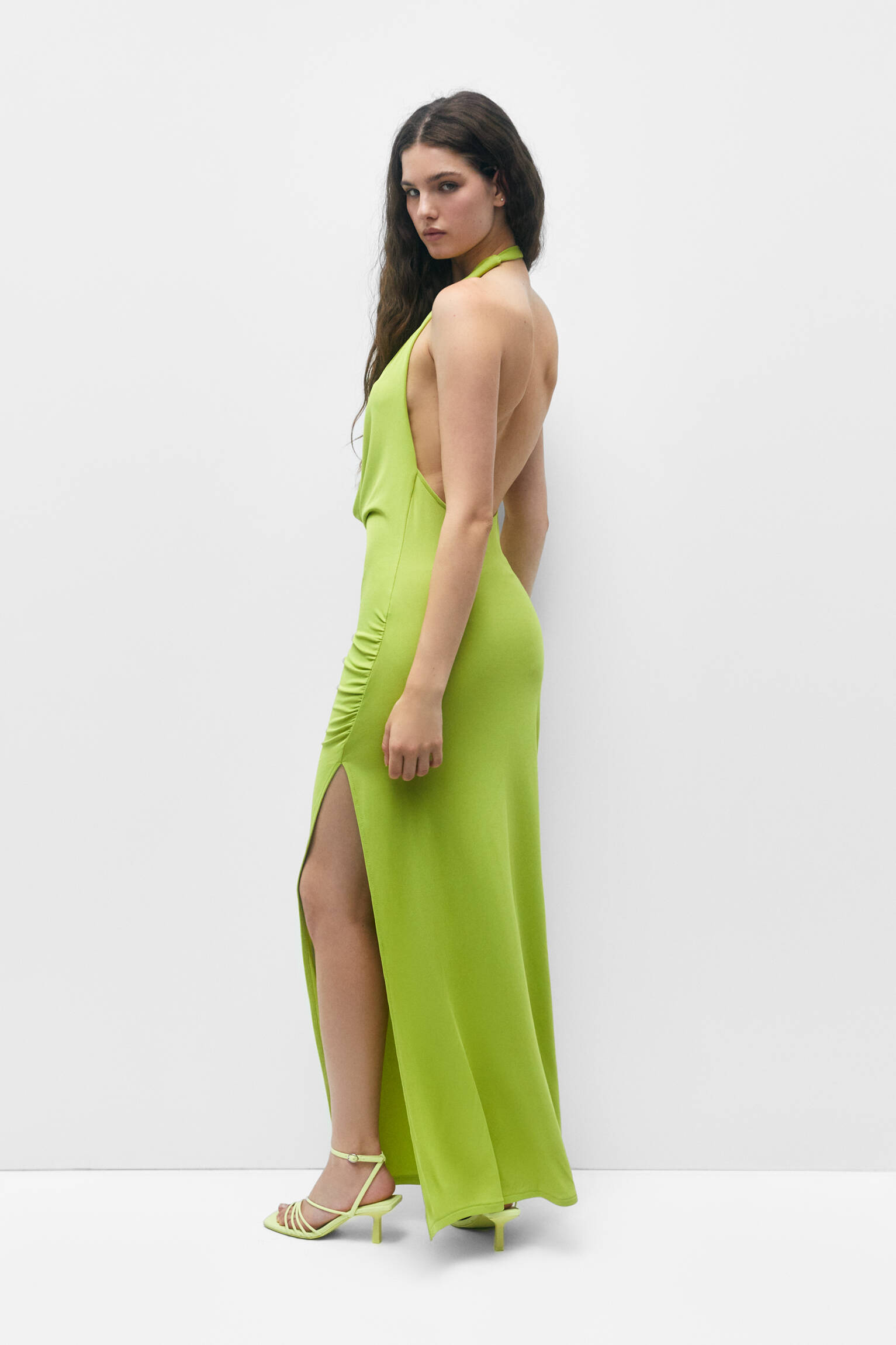 VESTIDO LONGO DRAPEADO COM COSTAS ABERTAS - VERDE