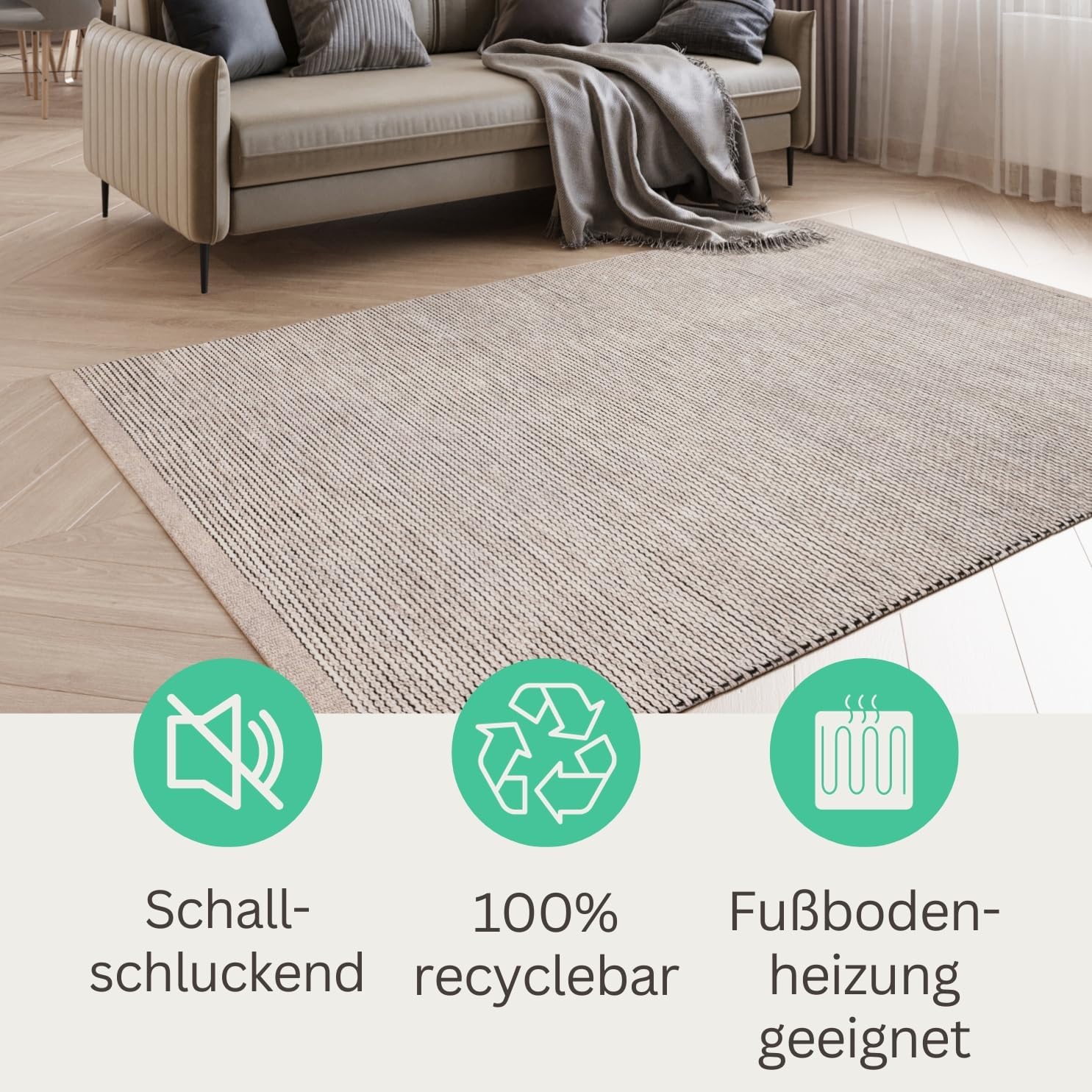 handgewebter Teppich 140x200 cm aus Wolle | weicher Woll-Teppich Wohnzimmer | handgemachter Wollteppich | flach gewebter Wohnzimmerteppich | Wendeteppich aus Naturfaser | beige Creme grau