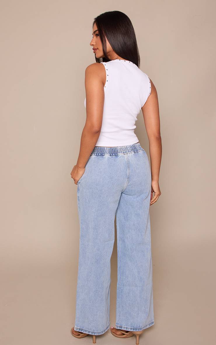 Light Blue Wash Jean Petite À Jambes Larges Et Taille Élastiquée